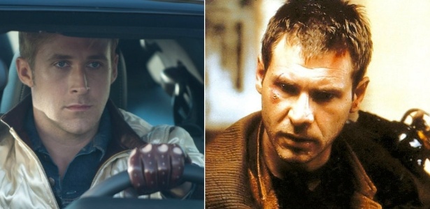 Os atores Ryan Gosling, em "Drive", e Harrison Ford, no "Blade Runner" original - Divulgação