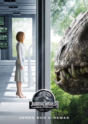 Claire (Bryce Dallas Howard) frente a frente com o D-Rex, no primeiro pôster de "Jurassic World" - Divulgação