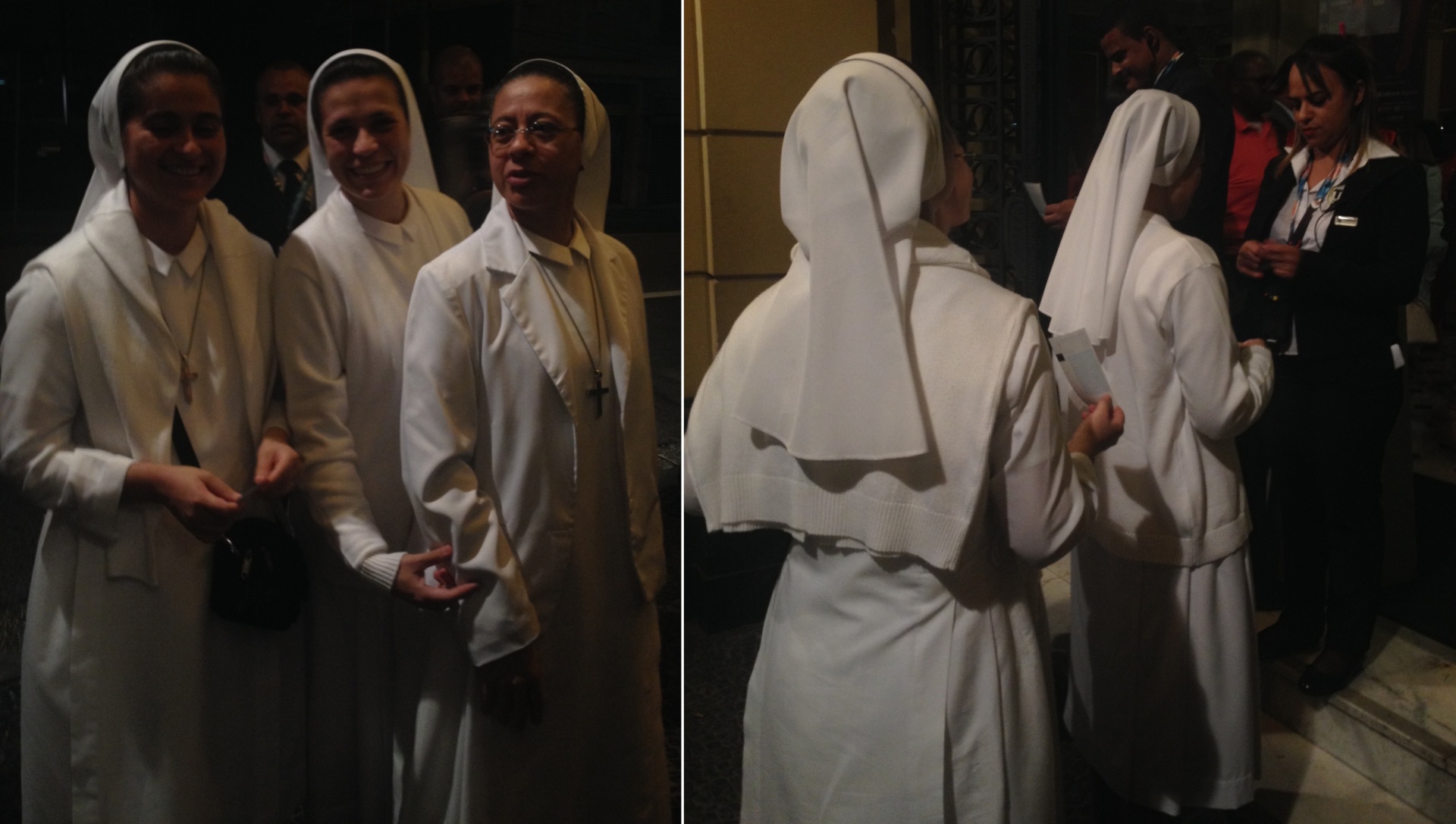 Trio de freiras da Congregação Marcelina, em Perdizes, zona oeste de SP, foi conferir o musical "Mudança de Hábito" no dia 16 de abril, às 21h. Segundo as religiosas, elas foram ver o espetáculo para avaliar se o recomendavam a seus alunos do Colégio Santa Marcelina. Pela expressão de felicidade das três na saída (vista pela reportagem - a foto mostra as freiras na entrada), o musical foi aprovado - Luna D'Alama/UOL