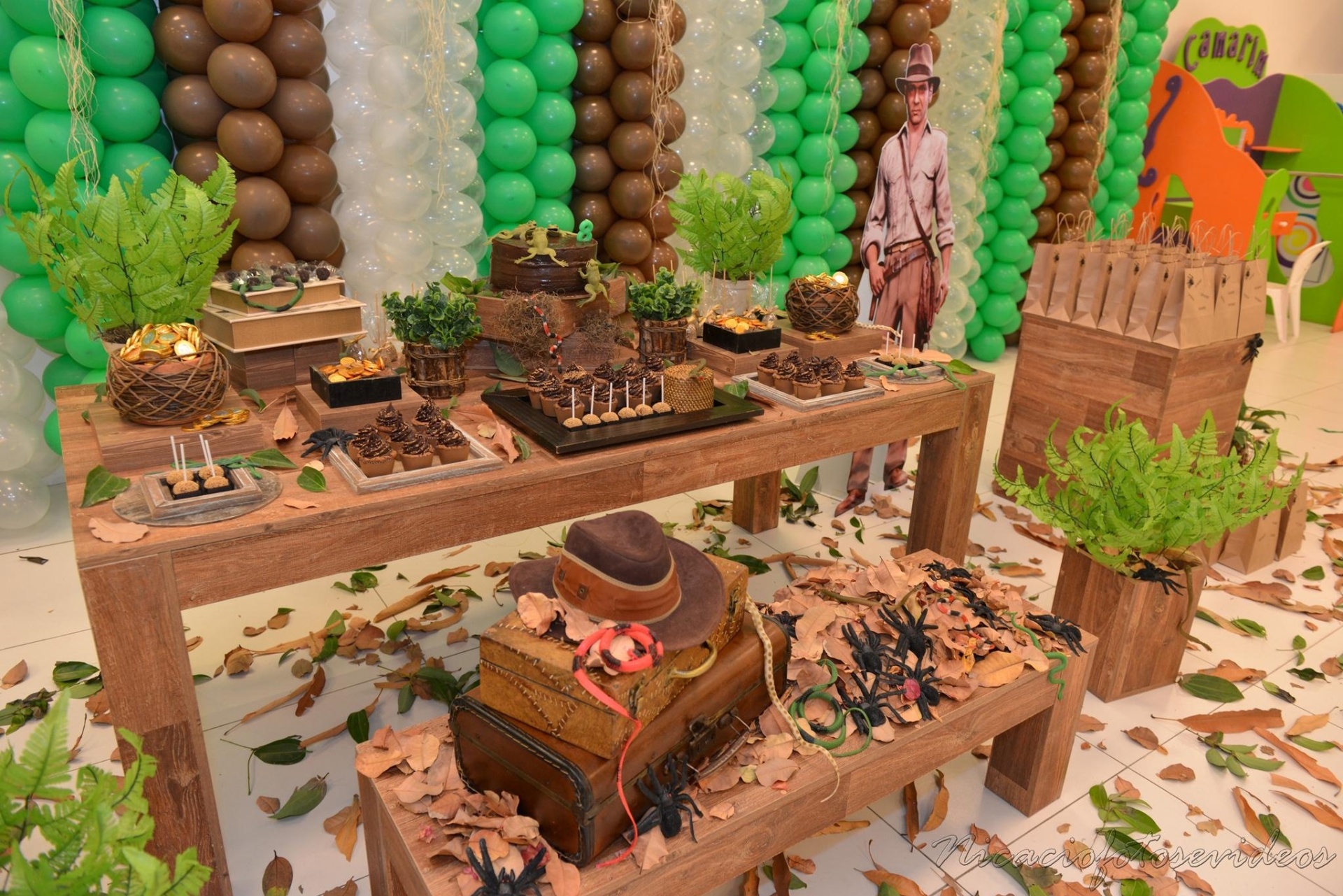 álbum com temas menos infantis para aniversários | Folhas secas, cipós e plantas foram usados na decoração da festa com tema Indiana Jones, feita por Gabriela Consentino (www.gabrielacosentino.blogspot.com) - Divulgação