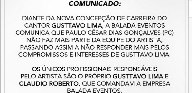 23.abr.2015 - Gusttavo Lima posta comunicado oficial e anuncia rompimento com o empresário e primo - Reprodução/Instagram/GusttavoLima - Reprodução/Instagram/GusttavoLima