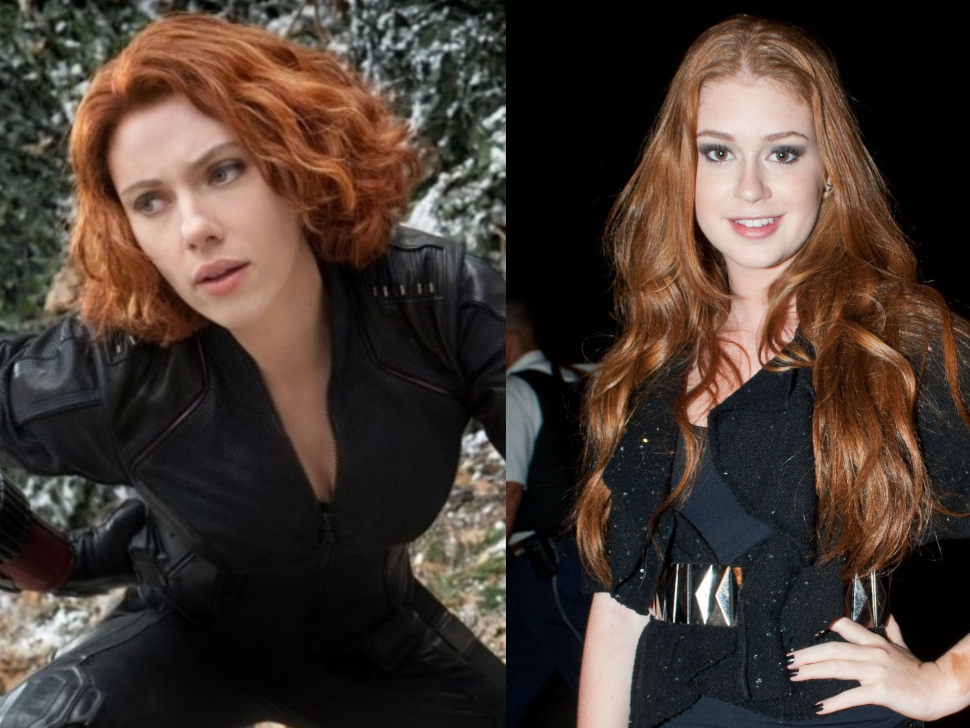 As belezas de Scarlett Johansson e Marina Ruy Barbosa sãos indiscutíveis. Embora a primeira não seja ruiva natural, sua personagem, a Viúva Negra, é. A escolha por Marina para substituí-la, portanto, foi natural - Divulgação/Celso Pupo/Foto Arena