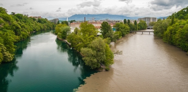 A confluência dos rios Ródano e Arve forma uma paisagem única em Genebra - Getty Images