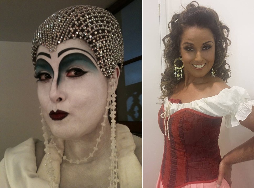 A mezzo-soprano Adriana Clis, de 40 anos, eliminou 22 kg e ganhou papéis de maior destaque em óperas. À esquerda, ela em agosto de 2011, como a Lua de "A Menina das Nuvens", de Villa-Lobos, e à direita, no fim de 2013, no papel-título de "Carmen", de Bizet - Facebook/Divulgação