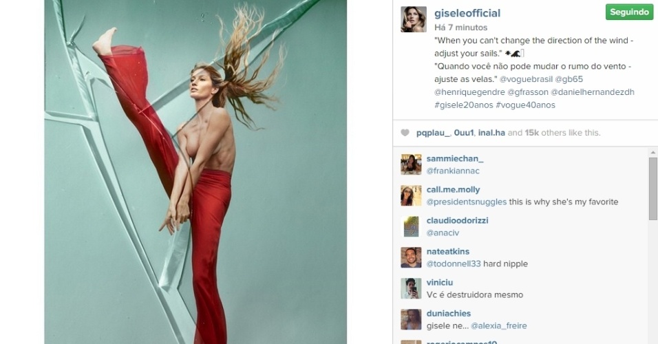 28.abr.2015 - Gisele Bündchen publicou em seu Instagram, nesta terça-feira, uma nova imagem do ensaio que fez para a revista 