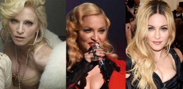 Madonna em três momentos: durante uma campanha de moda em 2010, cantando no Grammy em fevereiro deste ano e, completamente rejuvenescida, no baile Met