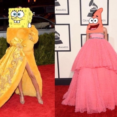 4.mai.2015 - Rihanna gosta de imitar a turma do Bob Espoja em eventos de gala, segundo os internautas