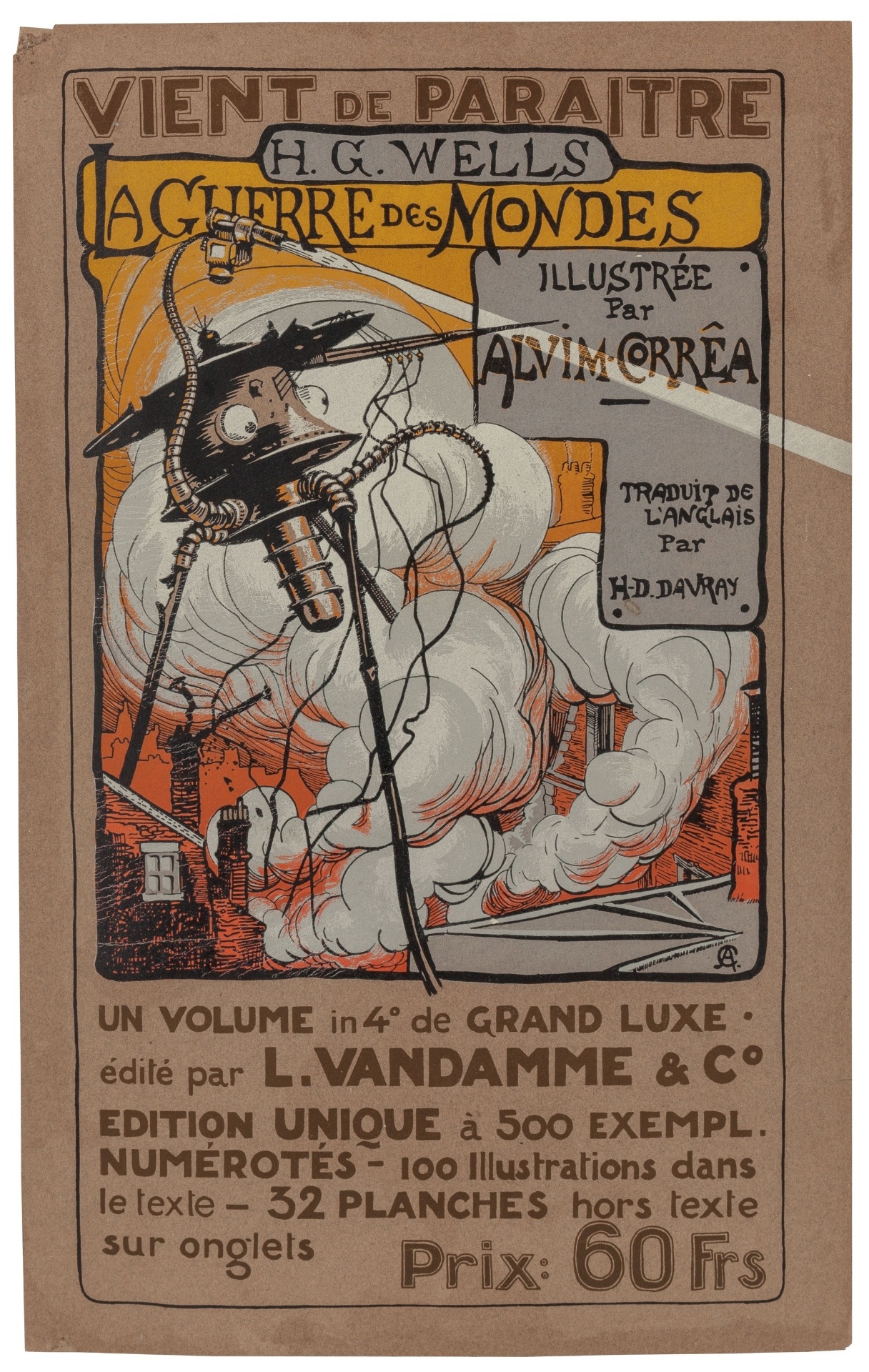 Pôster promocional da edição belga do livro "A Guerra dos Mundos", ilustrada pelo brasileiro Henrique Alvim Corrêa no início do século 20 - Reprodução