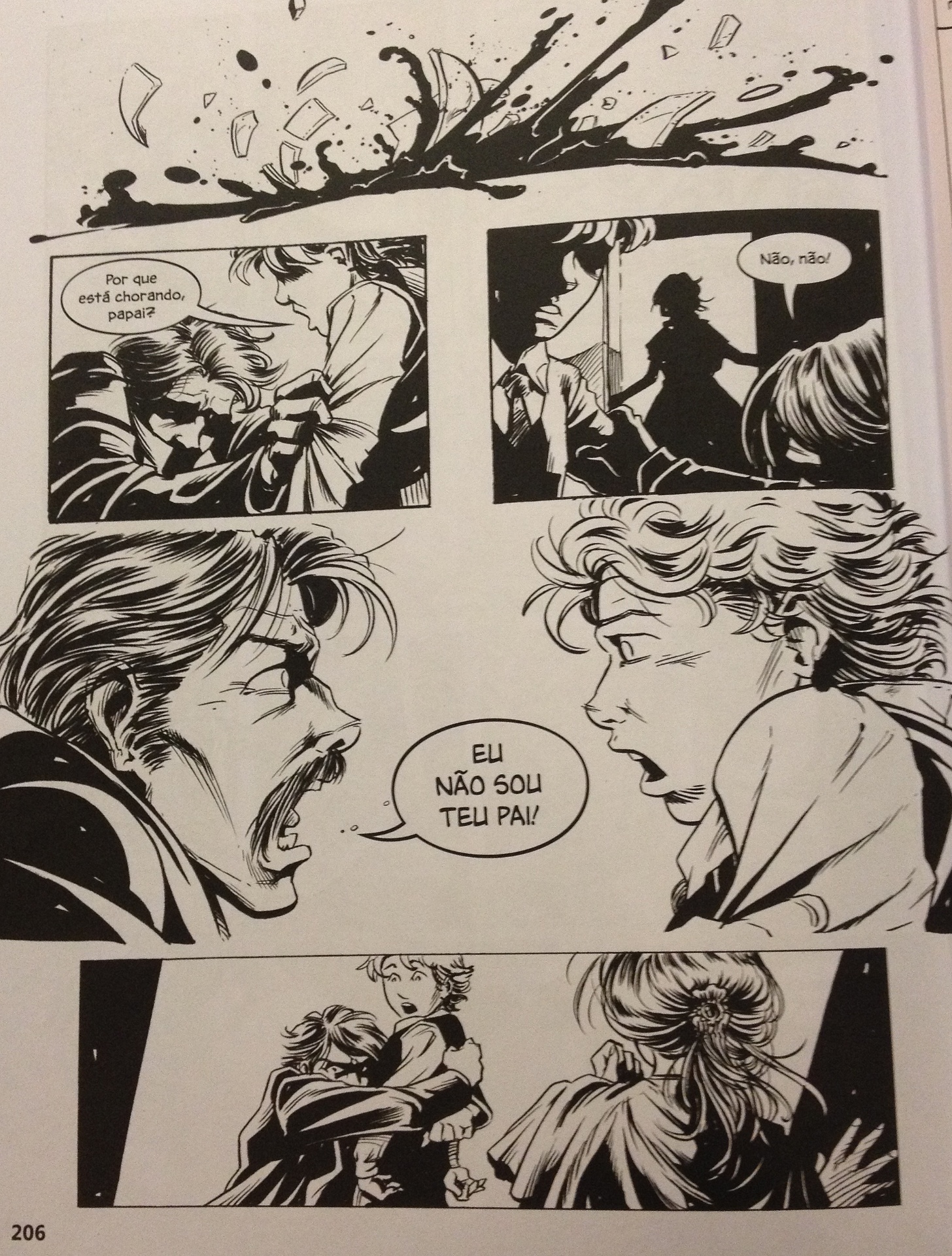 Bentinho diz a Ezequiel que não é seu pai na HQ "Dom Casmurro", baseada no original de Machado de Assis de 1899 - Reprodução