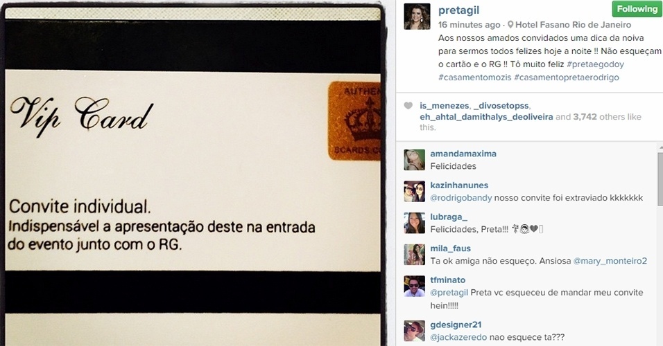 11.mai.2015 - Pelo Instagram, Preta Gil avisa aos convidados para não esquecer o cartão vip para a entrada da festa.