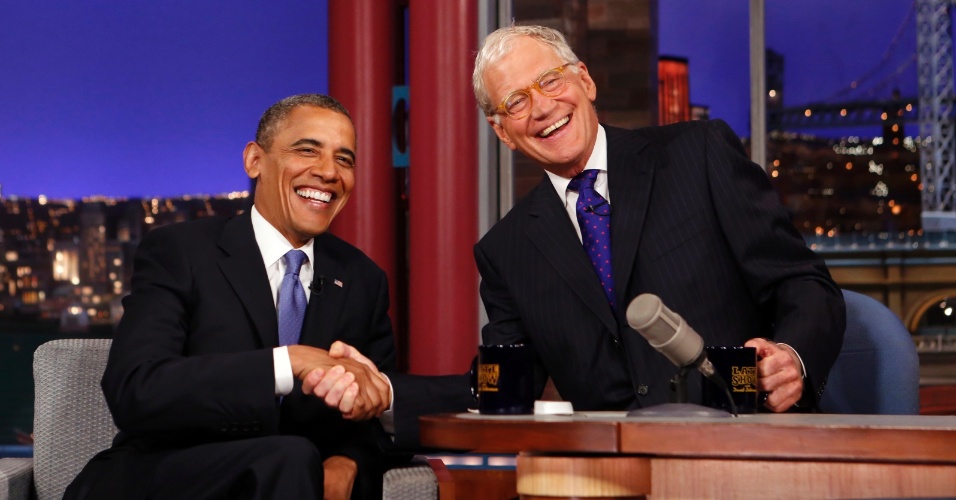 David Leterrman com o presidente dos Estados Unidos, Barack Obama, na gravação do "Late Show" em Nova York, em abril de 2014