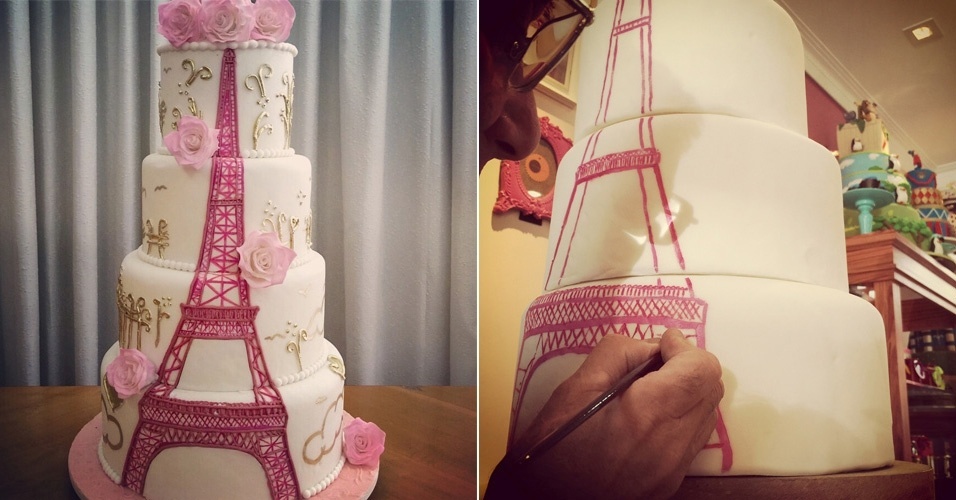 A Torre Eiffel, que fica em Paris (França), foi reproduzida no bolo da Wondercakes (www.wondercakes.com.br). Além dos desenhos dourados, rosas foram espalhadas no topo e entre os andares. No detalhe, o artista aplicanso a tinta de corante comestível para criar os traços precisos. Recheio de doce de leite. R$ 350 (dois quilos, serve vinte pessoas). Preço pesquisado em maio de 2015. Sujeito a alteração - Divulgação