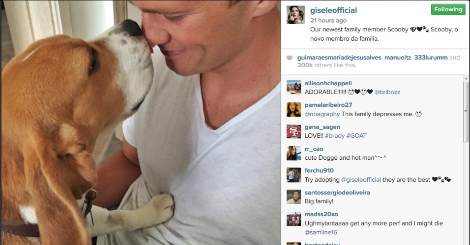 24.mai.2015 - Gisele Bündchen posta foto de seu marido Tom Brady com o novo cachorro