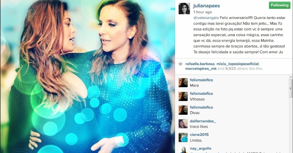 27.mai.2015 - Juliana Paes foi outra que usou o Instagram para homenagear Ivete Sangalo. Na manhã desta quarta-feira, a atriz postou uma foto ao lado da baiana e escreveu uma longa mensagem na rede social