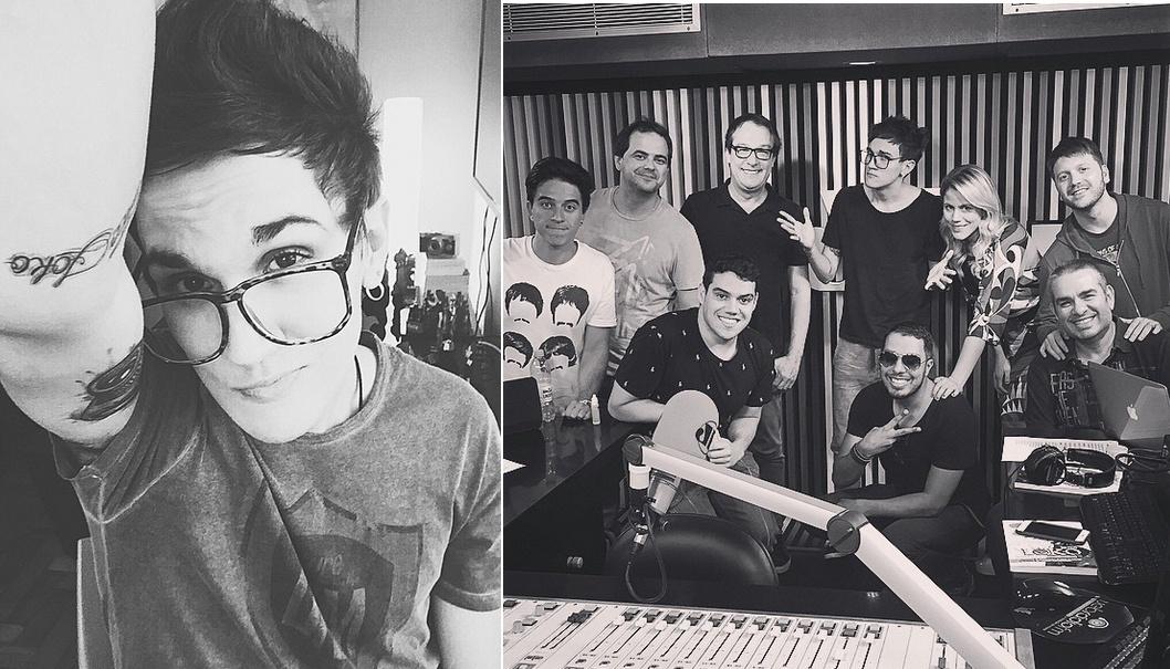 Após atingir a marca de 1 milhão de inscritos em seu canal no YouTube, Christian Figueiredo tatuou no braço a frase "Eu Fico Loko" (o nome de sua página), em agosto de 2014. Ao lado, ele com a turma do Pânico, na rádio Jovem Pan, em São Paulo - Reprodução/Instagram