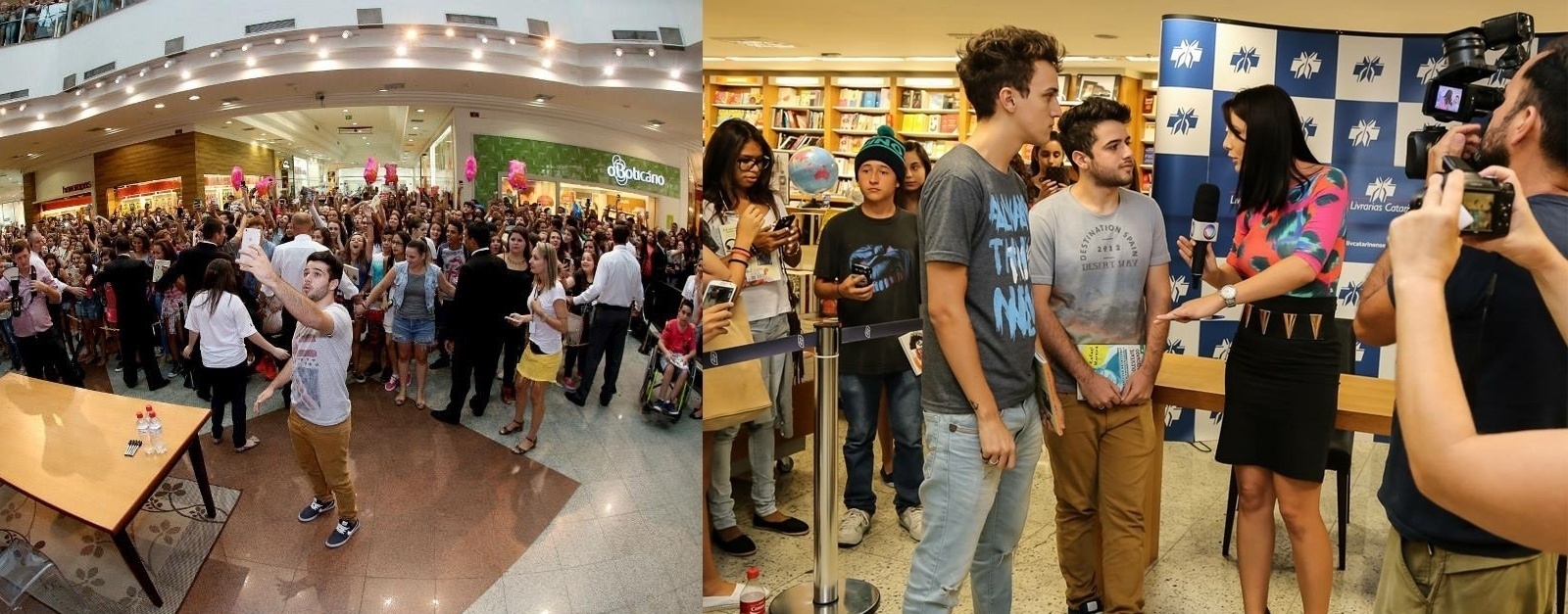 Rafael Moreira tira selfie com os fãs durante lançamento de seu livro em Joinville (SC). Ao lado, ele e o amigo Christian Figueiredo dão entrevista para a Record em livraria - Arquivo Pessoal/Lucas Moço
