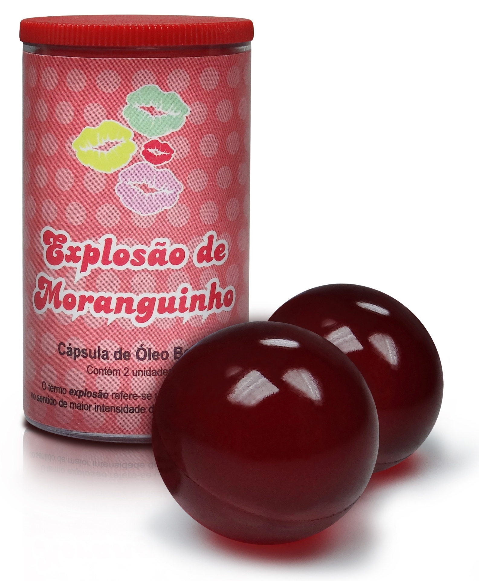 Bolinha Beijável Explosão Moranguinho com 2 unidades, da Sex Fantasy, na Loja do Prazer, por 7, 50. Bolinhas de óleo corporal beijável com sabor morango. Disponível tambpem no sabor menta. - Divulgação