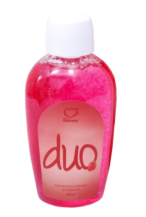 Óleo Afrodisíaco para massagem  Duo Morango - Duo é um óleo bifásico afrodisíaco para massagem corporal com aroma de morango. Possui propriedades hidratantes, leve aquecimento e fragrância estimulante para uma massagem especial. Pode ser utilizado como óleo pós-banho - Divulgação