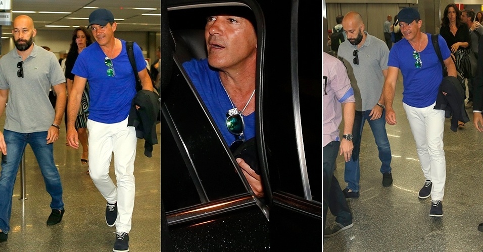 30.mai.2015 - O ator espanhol Antonio Banderas desembarca no aeroporto internacional do Rio de Janeiro. O ator está no Brasil para lançar sua linha de perfumes