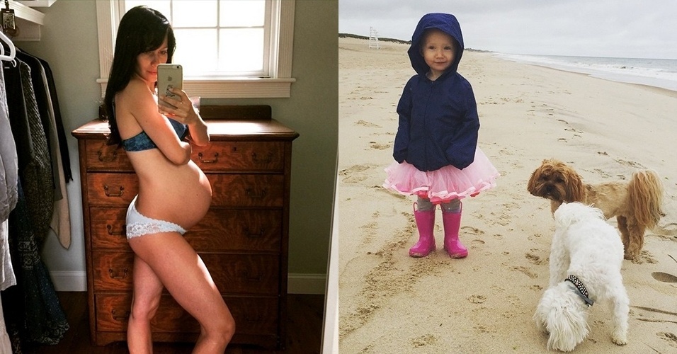 3.jun.2015 - Mulher de Alec Baldwin, Hilaria Baldwin exibe barrigão da gravidez e mostra foto fofa da filha