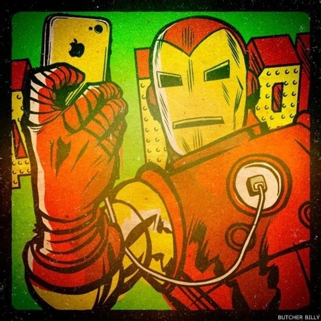 O artista usa super-heróis, como o Homem de Ferro, para satirizar obsessão com a autoimagem - Reprodução/BBC