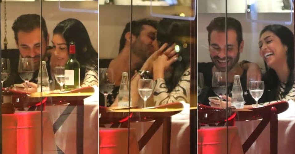8.jun.2015 - A ex-BBB Amanda Djehdian foi clicada aos beijos com o empresário Gustavo Mendes em um restaurante de São Paulo