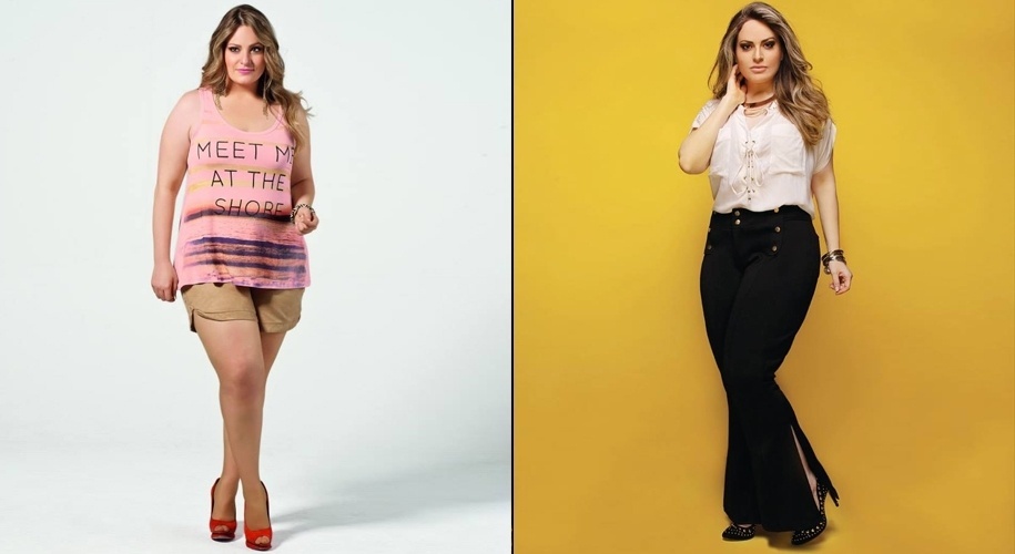 Antes e depois da modelo plus size Carla Manso, que eliminou 10 quilos após mudar seus hábitos alimentares e complementar com exercícios. Ela passou do manequim 50 para o 48