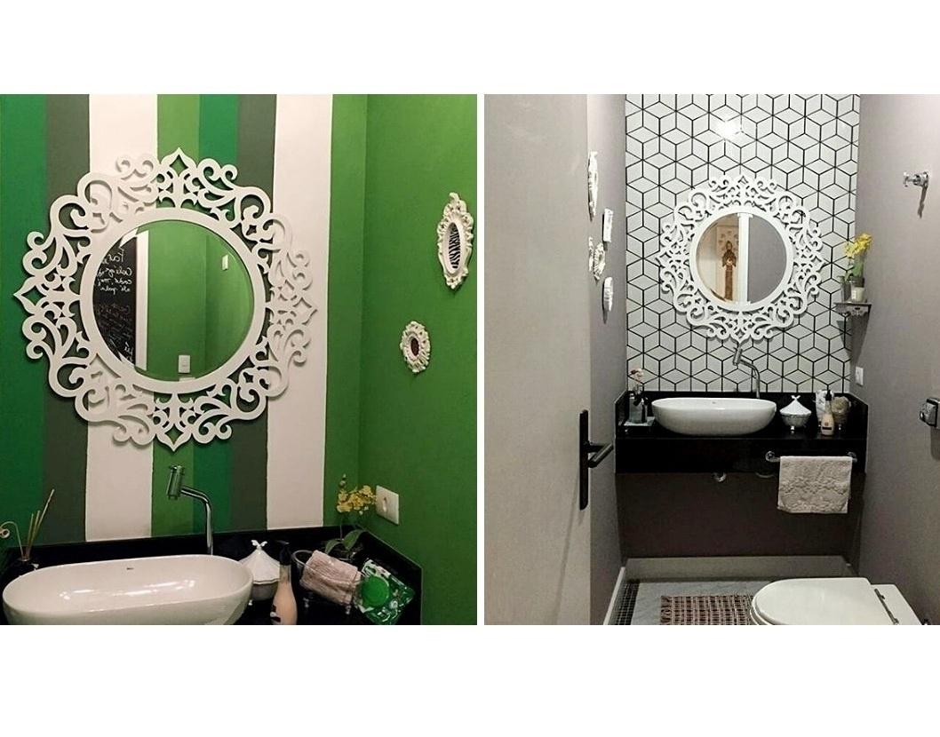 Também da empresa Grudado, estes adesivos com estampas de losangos repaginaram o banheiro, que antes era todo listrado. Segundo o fabricante, o material ainda pode ser aplicado na porta do box e dentro dele, pois é resistente à água e ao vapor. Porém, antes de fixar, limpe e seque bem a superfície para que o adesivo grude nela de maneira uniforme e não descole - Grudado/ Divulgação