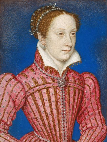 Arte de Maria Stuart Rainha da Escócia. Ela tem a pele branca, o cabelo levemente vermelho e usa um vestido vermelho - François Clouet (1542-87)/Google Art Project
