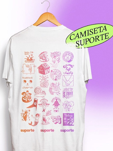 Camiseta conta com ilustrações feitas por 22 artistas diferentes para angariar recursos para a comunidade LGBTQ+ - Reprodução/Instagram @suporte.suporte