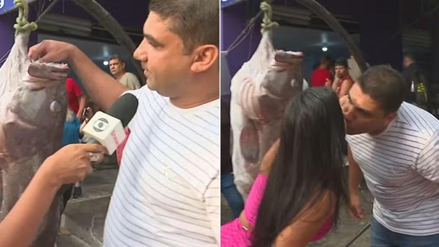 Homem tira aliança da boca de peixe e pede mulher em casamento na TV - Reprodução/TV Globo