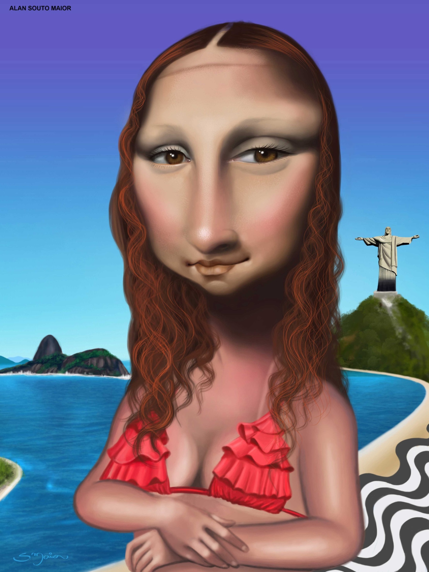 A mostra, gratuita, exibe 70 cartuns que reinterpretam o quadro de 1503, como a Mona Lisa carioca, de Alan Souto Maior - Divulgação