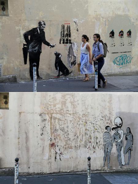 Obra de Banksy no estacionamento do Centro de Pompidou, em Paris. A obra foi roubada - Thomas Samson/AFP