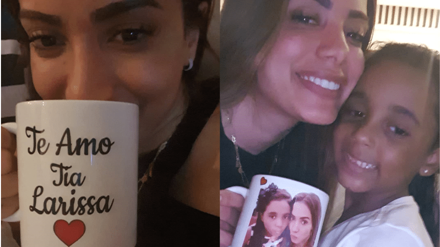 Anitta com a caneca que ganhou de presente e a sobrinha, Letícia - Reprodução/Instagram