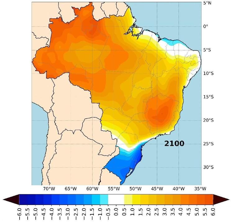 Mapa mostra mudança na radiação solar anual sobre o Brasil em 2100 sob um cenário de fortes emissões de gases de efeito estufa