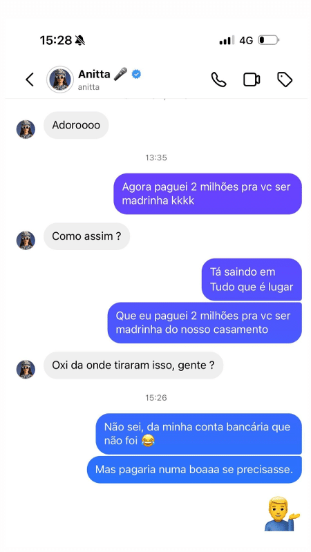 Carlinhos Maia posta print de conversa com Anitta rebatendo rumores de cachê para ser madrinha de casamento