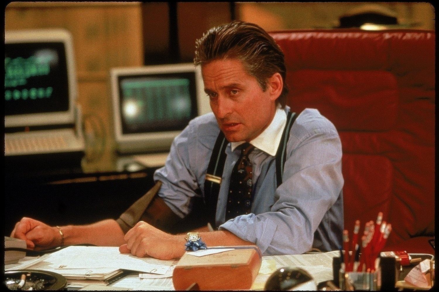 Michael Douglas em cena de "Wall Street - Poder e Cobiça" (1987) - Divulgação