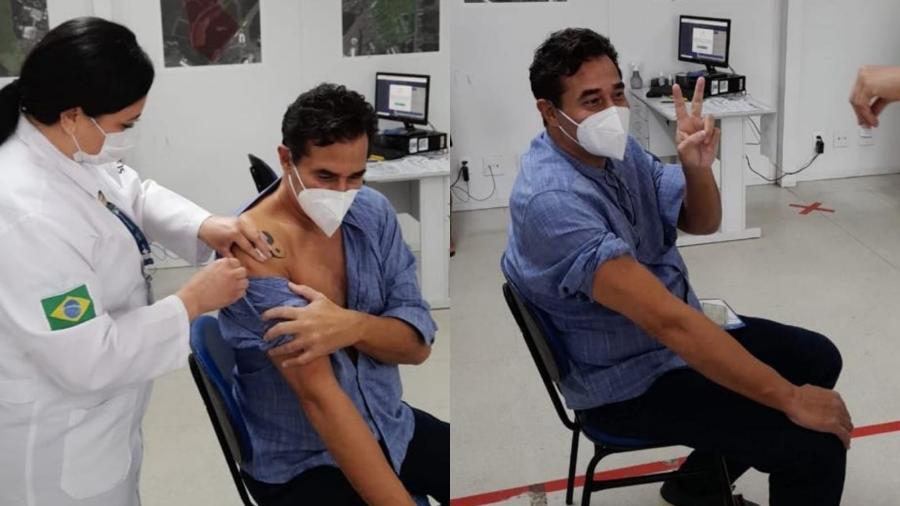 Luciano Szafir comemora após tomar a primeira dose da vacina contra a covid019 - Divulgação