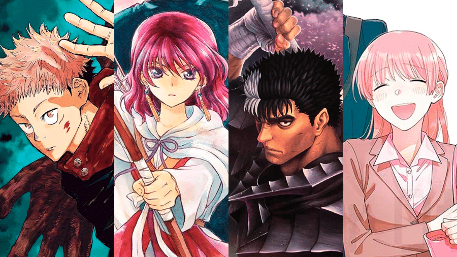 Imagens dos mangás "Jujutsu Kaisen", "Yona - A Princesa do Alvorecer", "Berserk" e "Wotakoi"
