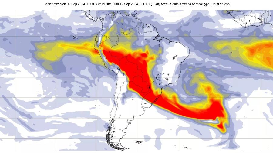 Previsão de avanço da fumaça para quinta-feira, dia 12 - Reprodução MetSul