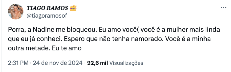 Tiago Ramos desabafa após ser bloqueado pela ex-namorada Nadine Gonçalves