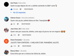 BBB 21: Comentários a favor de Juliette no youtube - Reprodução Globoplay - Reprodução Globoplay