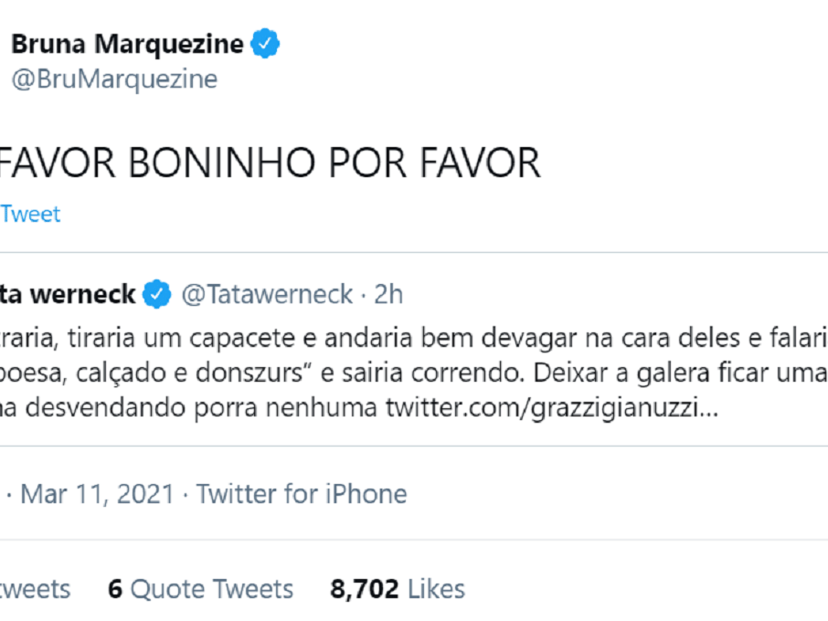 Marquezine diz que não vê o 'BBB 21' e pede que Tatá Werneck entre na casa