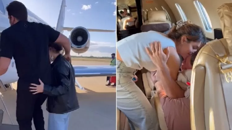 Wesley Safadão precisa da ajuda da mulher para subir em avião - Reprodução/Instagram - Reprodução/Instagram