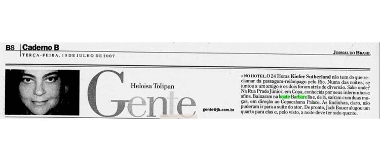 Recorte do Jornal do Brasil que fala sobre a passagem de Kiefer Sutherland, de "24 Horas", pela Barbarella - Reprodução - Reprodução