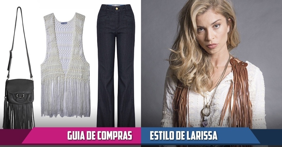 O estilo "hippie moderno" de Larissa (Grazi Massafera) está na moda e pode inspirar novas combinações em seu visual. Clique na seta da esquerda para ver peças semelhantes às usadas pela personagem e na seta da direita para ver imagens de seus looks - Divulgação