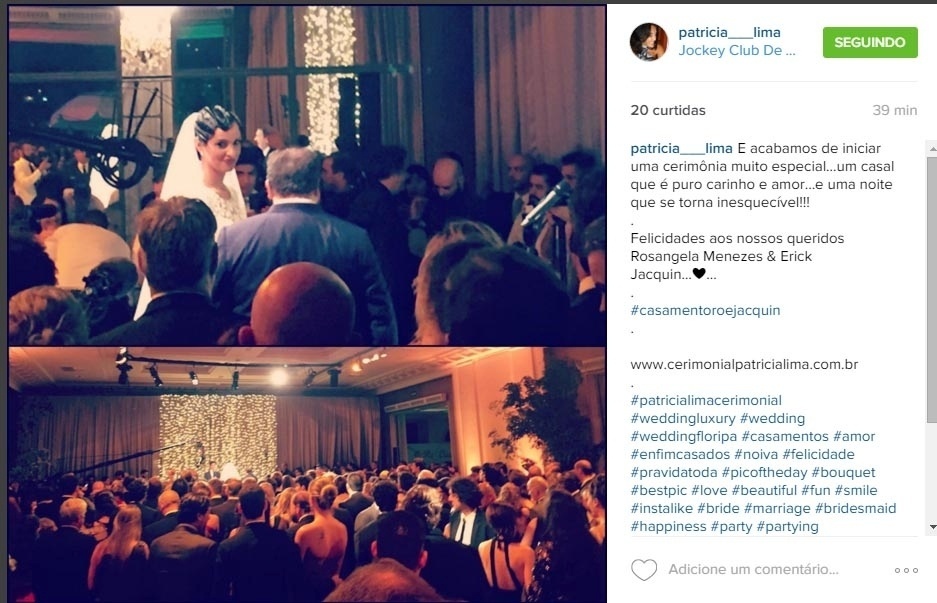 23.out.2015- Erick Jacquin oficializa sua união com Rosângela Menezes em uma cerimônia luxuosa no Villa Jockey, em São Paulo - Reprodução/Instagram/Patrícia Lima