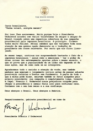“House of Cards” publica carta do presidente Francis J. Underwood para divulgar quarta temporada - Reprodução/Twitter - Reprodução/Twitter