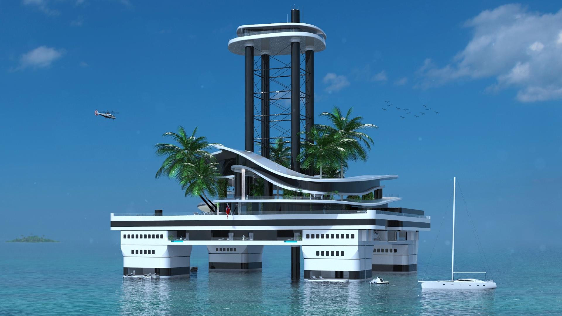 A Kokomo Ailand é o projeto mais ousado da empresa austríaca Migaloo Private Submersible Yatchs. Trata-se de uma ilha artificial montada em uma plataforma parecida com as de extração de petróleo - Divulgação