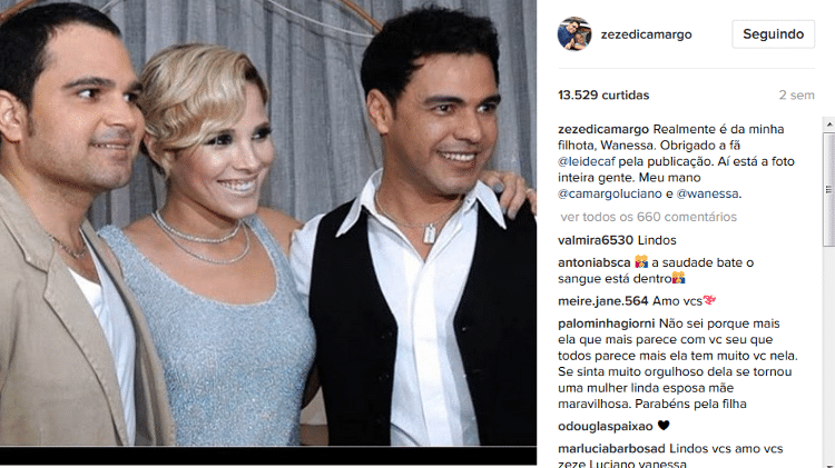 Zezé Di Camargo compartilha foto antiga com Wanessa - Reprodução/Instagram/zezedicamargo - Reprodução/Instagram/zezedicamargo